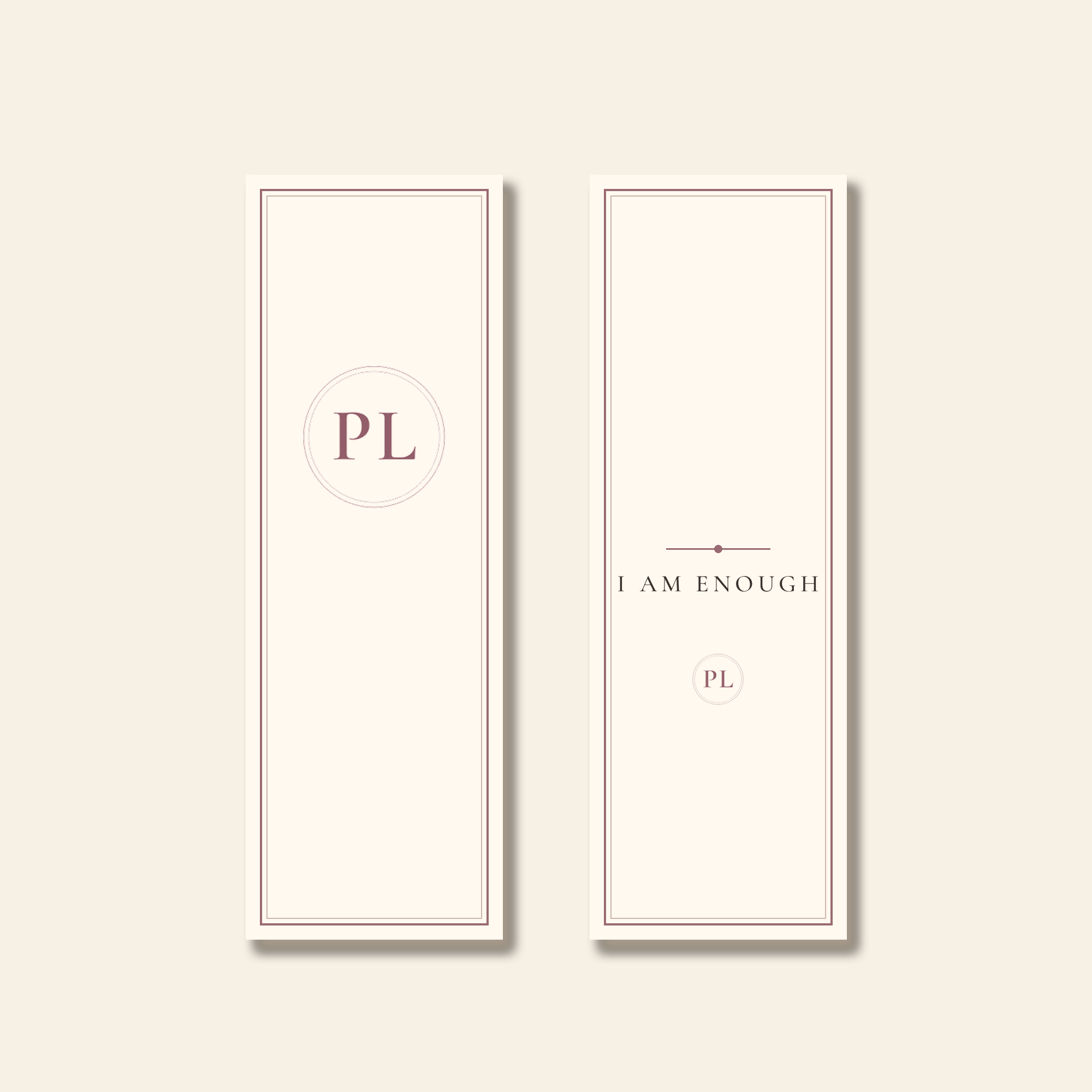 The Poppy Lane PL bookmark shown front and back: the front carries the PL monogram on cream inside a thin mauve frame, and the back carries the words I Am Enough with a small PL mark beneath