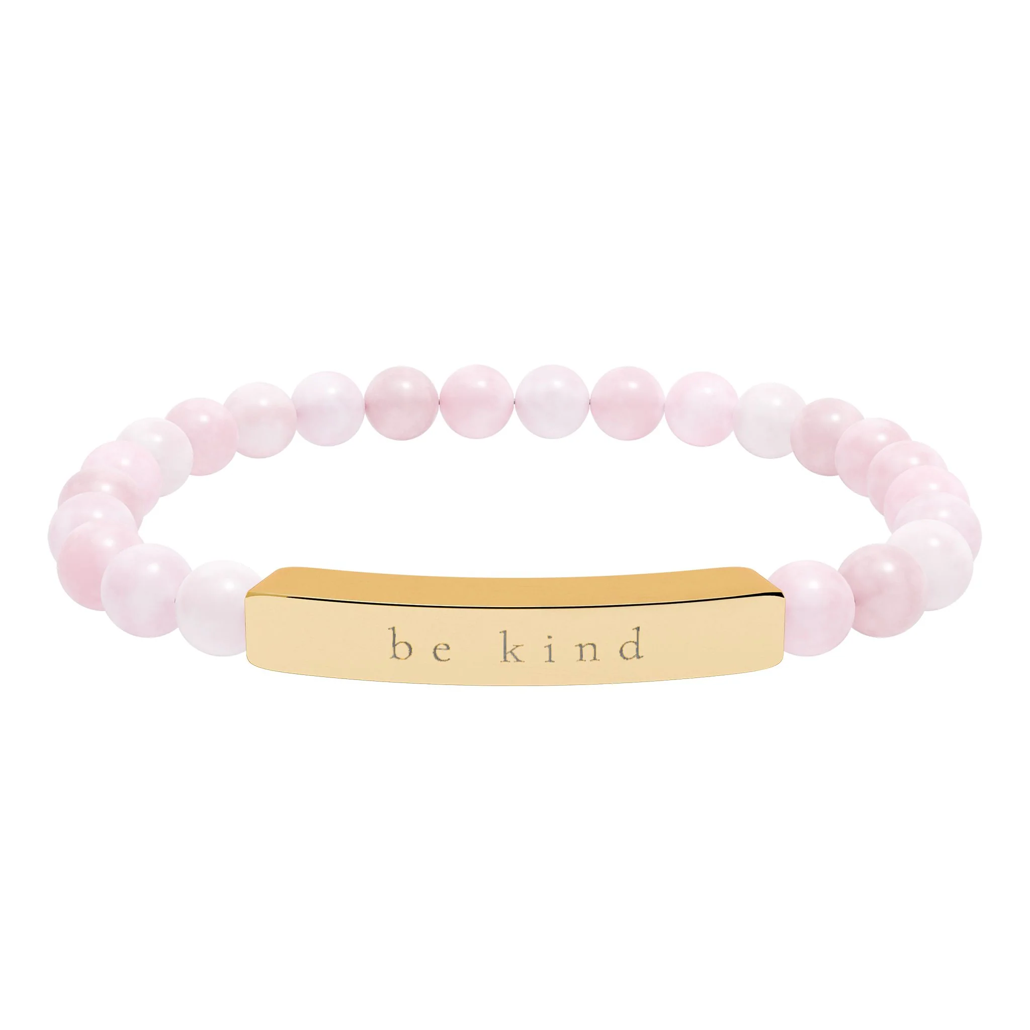 The Be Kind engraved bracelet: pale pink rose quartz beads with a gold bar engraved be kind