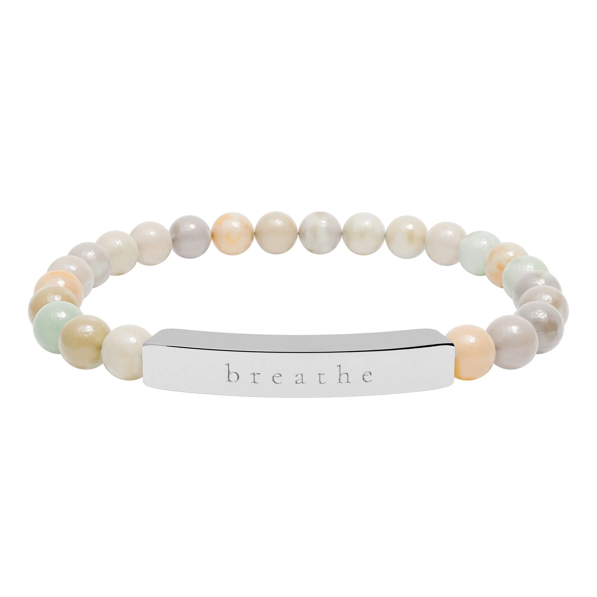 The Breathe engraved bracelet: natural stone beads in soft cream, peach, and pale green with a silver bar engraved breathe