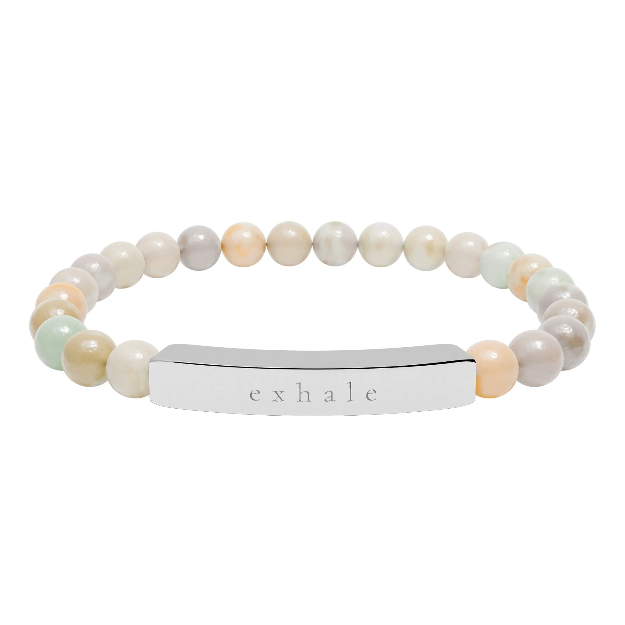 The Exhale engraved bracelet: natural stone beads in soft cream, peach, and pale green with a silver bar engraved exhale