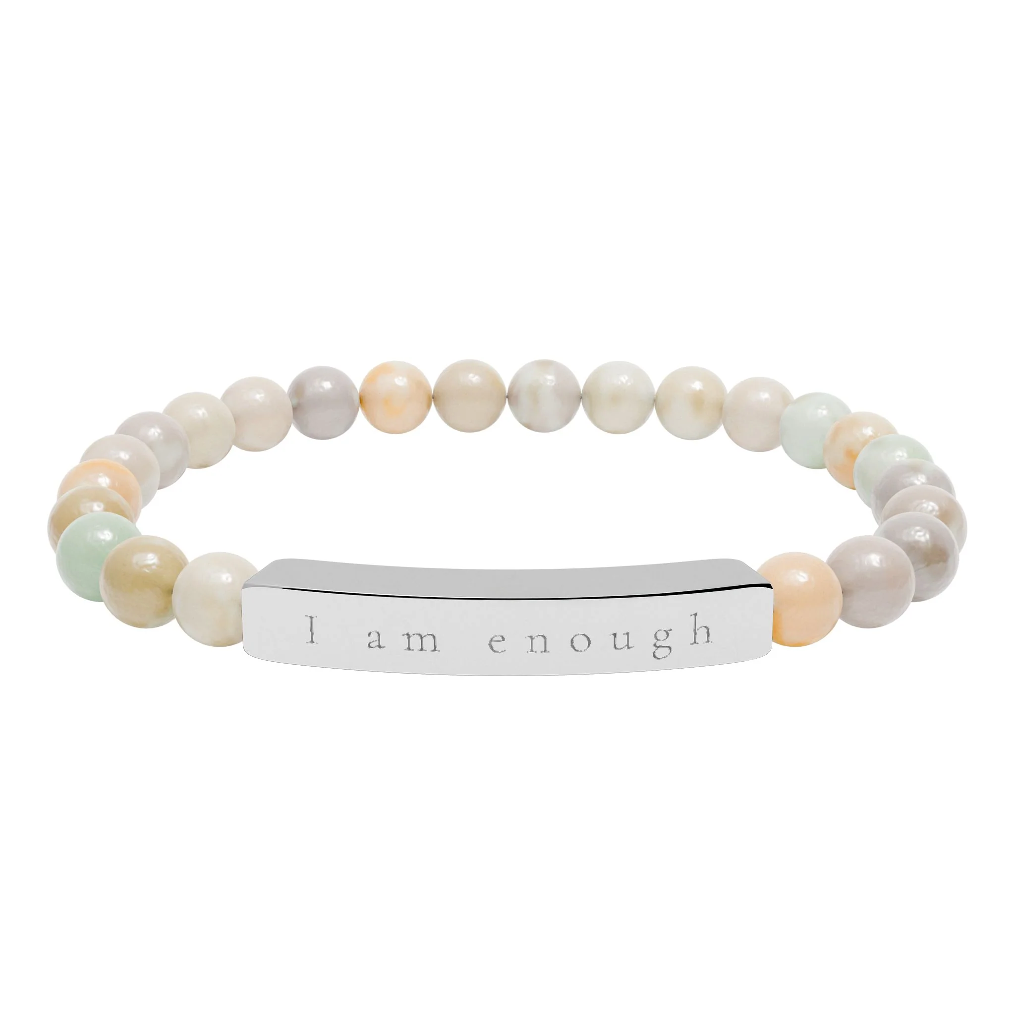 The I Am Enough engraved bracelet: natural stone beads in soft cream, peach, and pale green with a silver bar engraved I am enough