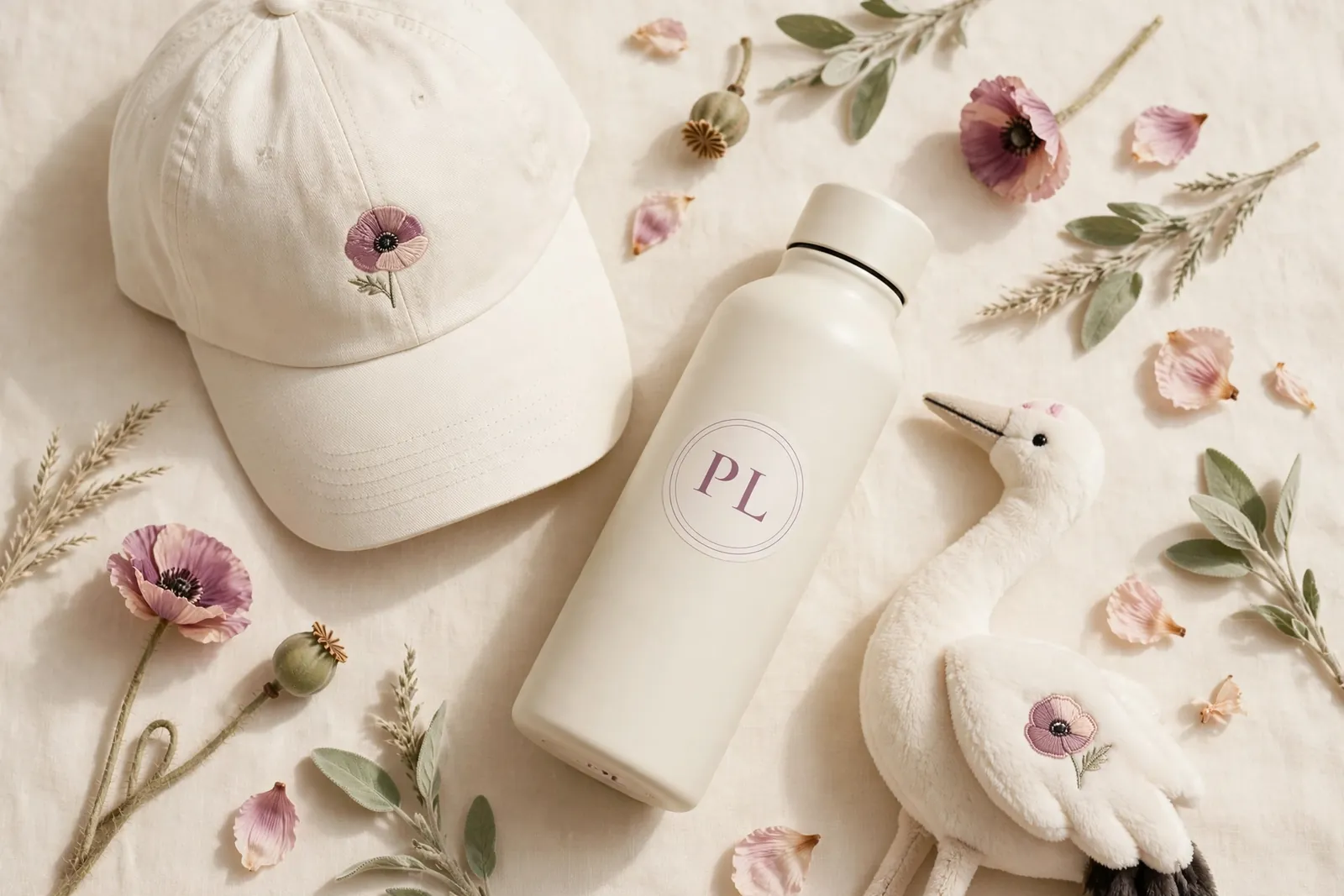 Flat lay on cream linen: a cream cap with an embroidered pink poppy, a cream water bottle with a mauve PL monogram seal, and a soft white plush crane with a pink poppy embroidered on its wing, surrounded by poppies and petals