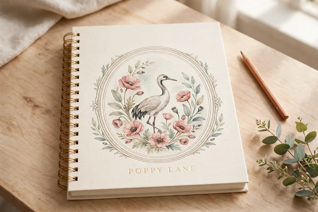 Spiral-bound cream journal with a gold coil and the crane-and-poppies emblem above the words Poppy Lane, on a wooden table beside a pencil
